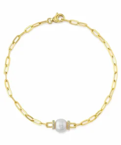 Shy Creation Cultured Pearl and Diamond Paperclip Link Bracelet