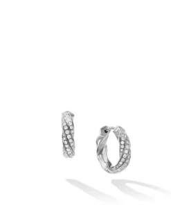 David Yurman Cable Edge Huggie Hoop Earrings in Recycled Sterling Silver with Pave Diamonds