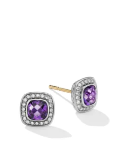 David Yurman Petite Albion Stud Earrings in Sterling Silver with Amethyst and Pave Diamonds